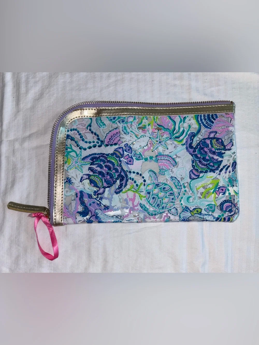 LILLY PULITZER Clear Zippered Storage Pouch Purple, Teal Sea Turtles O/S